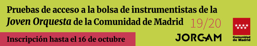 Banner horizontal para anunciar las pruebas de acceso a la bolsa de instrumentistas de la Joven Orquesta de la Comunidad de Madrid