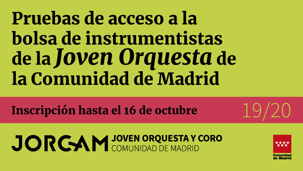 Banner web para anunciar las pruebas de acceso a la bolsa de instrumentistas de la Joven Orquesta de la Comunidad de Madrid